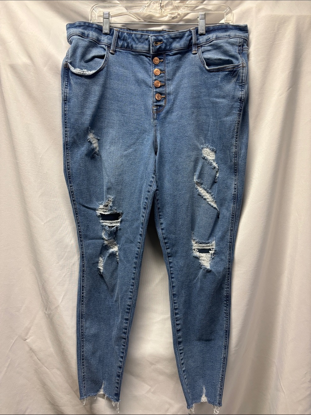 Women’s Distressed High-Rise Button-Fly Jeans — Blue